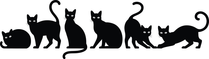 Black cat silhouette poses vector illustration for Halloween decoration template
