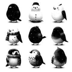 winter birds and a snowman gathered in a snowy landscape during the holiday season