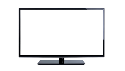Modern, sleek, flat-screen display device with a black screen, rectangular shape, and stand