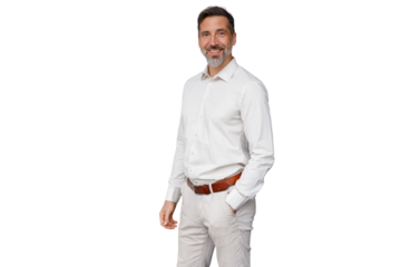 Smiling middle aged businessman with beard, casual smart white shirt, presenting on transparent background