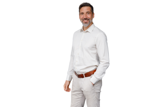 Smiling middle aged businessman with beard, casual smart white shirt, presenting on transparent background