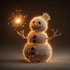 Snowman made of glowing strands holds a sparkler in a winter setting during festive celebrations