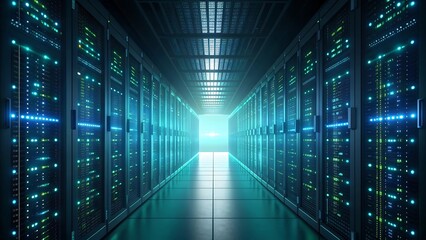 Digital data center servers with blue lights and futuristic glow