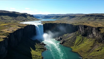 Slow aerial drone shot circles a massive powerful waterfall cascading into a pristine turquoise lake in a deep canyon shot, serene, geology - Powered by Adobe