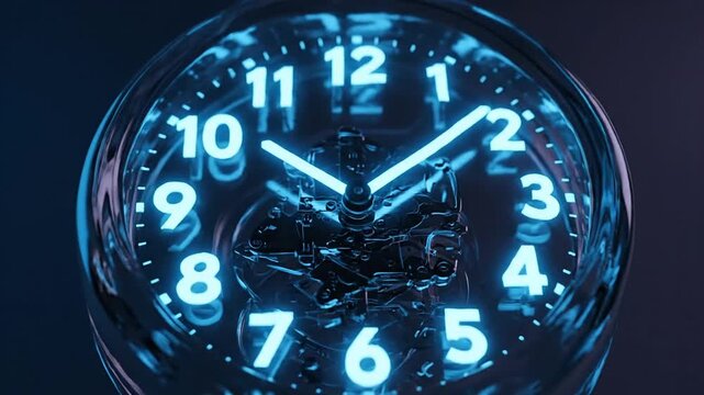 Hyperreal 3D clock made of glass and glowing numbers slowly bending and dissolving in liquid motion