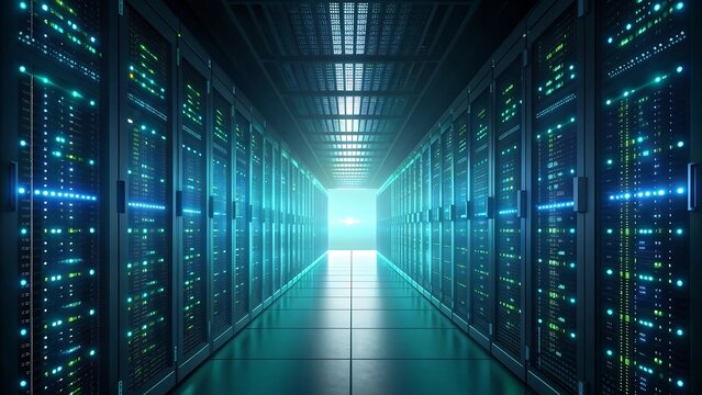 Digital data center servers with blue lights and futuristic glow