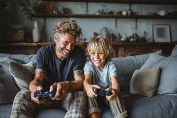 Father and son playing video games on couch joyful moment