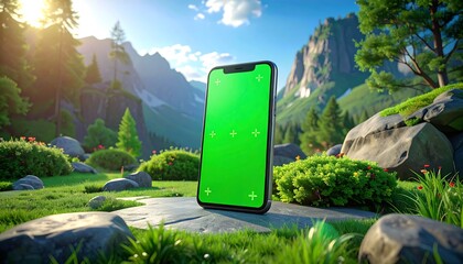 A smartphone with a green screen sits outdoors on a rocky surface, surrounded by lush grass, wildflowers, and trees with a backdrop of majestic mountains and clear skies
