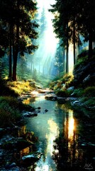 Tranquil forest stream with sunlight filtering through trees in a serene natural setting during early morning - High Contrast