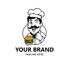 The mascot logo features a cheerful chef with a thick mustache winking, wearing a hat, holding a delicious burger and giving a thumbs up.