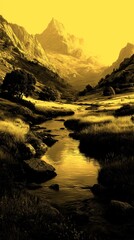 Serene valley with a winding stream amidst majestic mountains in the hour