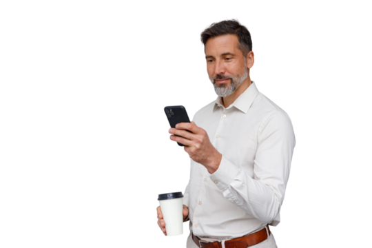 Man drinking coffee and using smartphone, communicating social media and managing business on transparent background