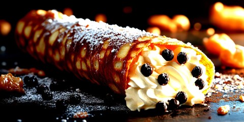 Delicious dessert filled with cream and chocolate pellets served on a dark surface with powdered sugar - High Contrast