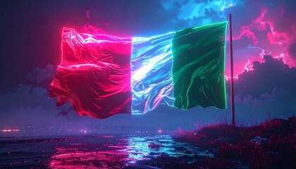 A stylized Italian flag waves vibrantly, illuminated against a dark, dramatic sky. Neon colors create a futuristic and striking aesthetic