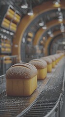 Freshly baked loaves of bread cooling on a conveyor belt in a modern bakery setting - Low Contrast