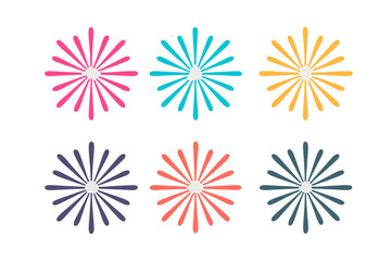 Six stylized colorful starburst and firework burst shapes