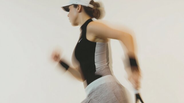Woman Tennis Player in Motion Blur, Wearing Sportswear and Cap, Capturing Dynamic Action and Athletic Spirit Against White Background for Sports and Fitness Theme. - Powered by Adobe
