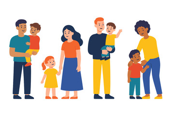 Various modern family groups with parents and children standing close