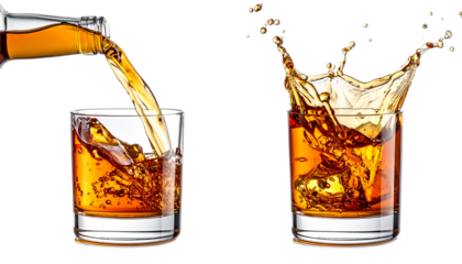 Luxury drink pour and splash concept isolated on transparent background