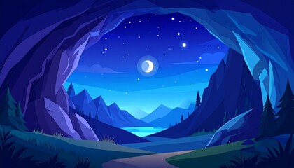 A serene night landscape. A cave frames a mountain range, lake, and a starry sky with a crescent moon in a blue gradient