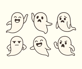 A set of cute cartoon ghost characters with various facial expression and emotions. Perfect for Halloween, emoji packs, stickers, and mascot design