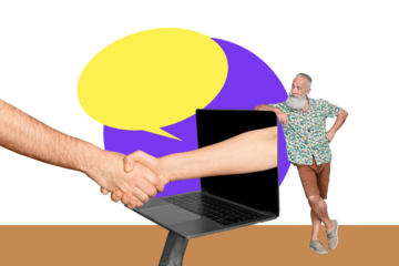 Composite photo collage of happy old man stand laptop distance cooperation handshake gesture trust isolated on painted background
