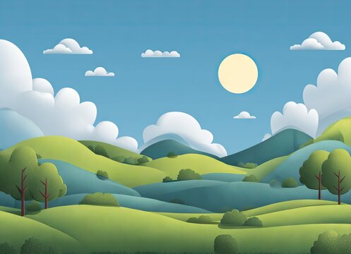 Cartoon landscape illustration with rolling hills clouds and sun