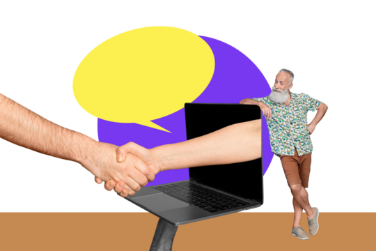 Composite photo collage of happy old man stand laptop distance cooperation handshake gesture trust isolated on painted background