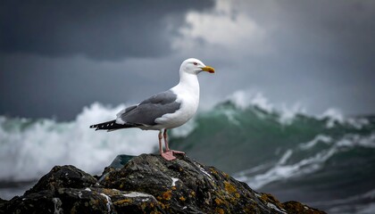 A single seagull perched on a rocky outcrop against the backdrop of a turbulent sea and stormy, overcast sky