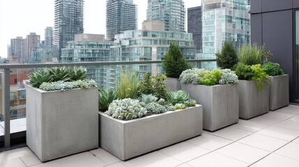 Modern urban balcony garden featuring succulent planters and cityscape background