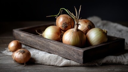 Organic Yellow Onions on Dark Wooden Tray with Scattered Skins