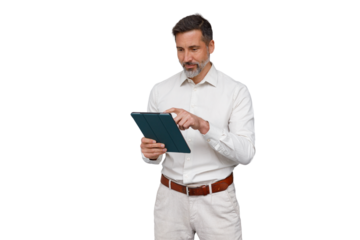 Mature businessman working with digital tablet, browsing data and managing projects for modern business, transparent background