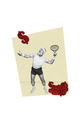 Vertical collage picture elder man happy positive mood tennis player hit dollar sign money income...