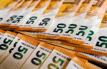 close up macro detail of 50 euros banknotes, cash money