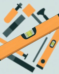 Orange and Black Hand Tools Illustration with Spirit Level and Construction Equipment on Light Background for DIY and Home Improvement Concepts