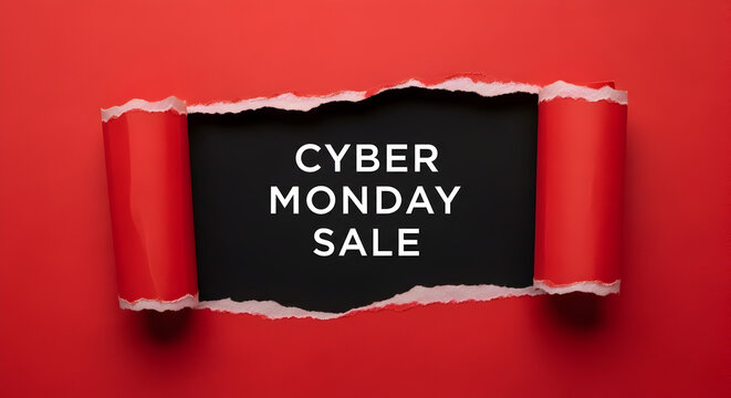Ripped red paper reveals a cyber monday sale message on a black background perfect for advertising and promotion of holiday shopping deals and discounts - Powered by Adobe