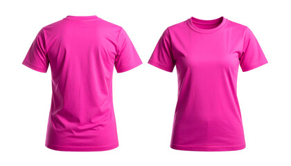 A front and back view of a short-sleeved, crew neck t-shirt in a bright pink color