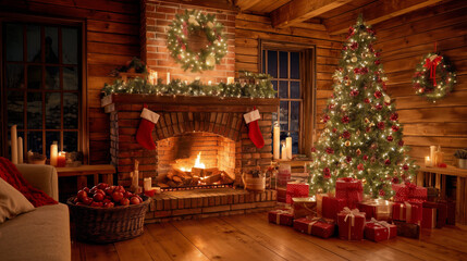 Warm and Cozy Christmas Living Room with Fireplace and Decorated Tree