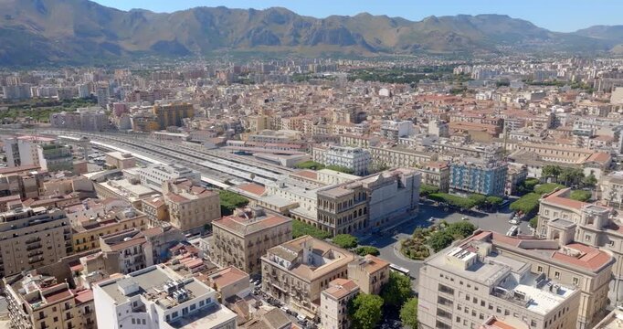 Aerial view of Palermo Central Station, Sicily, Italy. It is located on Julius Caesar Square in the city's historic center.