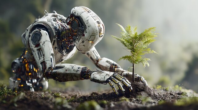 futuristic AI robot planting trees, climate action technology