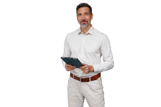 Mature businessman smiling, holding a digital tablet, representing technology and professional communication on transparent background