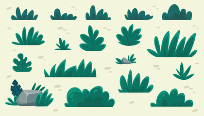 Vector Isolated Abstract Cartoon Bush Grass Stone in Cute Doodle Style for Children Books and Illustration