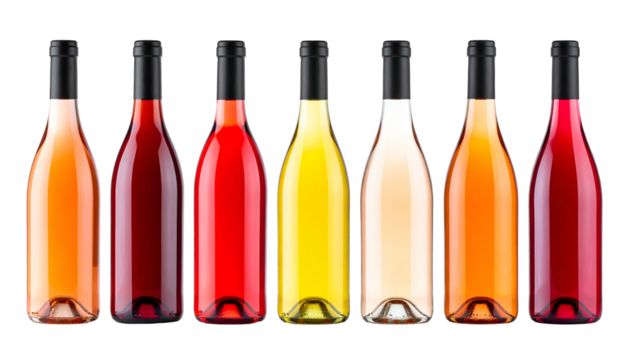 Seven wine bottles in a row, each with a different hue, from light peach to dark red
