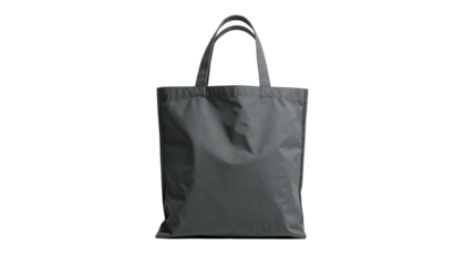 Isolated, gray tote bag with two handles against a black background. Light falls from above