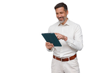 Mature man smiling, holding and touching screen of digital tablet, enjoying technology, transparent background