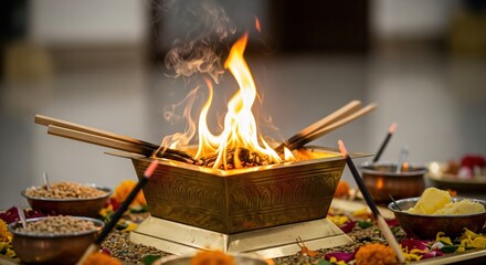 A Vibrant Ritual Fire Ceremony Taking Place in a Devotional Setting with Offerings, Incense, and Fresh Flowers for Spiritual Cleansing and Blessings