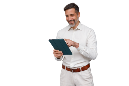 Mature man smiling, holding and touching screen of digital tablet, enjoying technology, transparent background