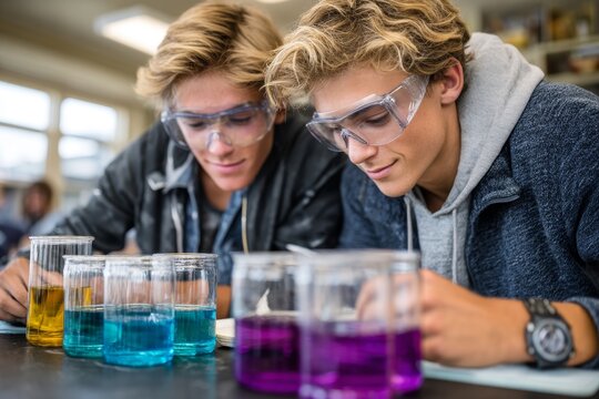 Two high school students doing science experiment in classroom