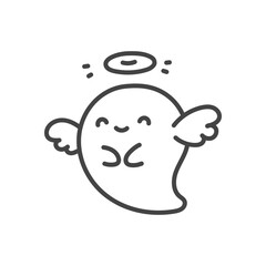 Cute angel ghost icon. Funny little ghost with angel wings and halo. Monochrome doodle illustration isolated on white background. Kawaii halloween sticker. Vector 10 EPS.