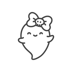 Cute girl ghost icon. Funny little ghost with a big bow and small skull detail. Monochrome doodle illustration isolated on white background. Kawaii halloween sticker. Vector 10 EPS.